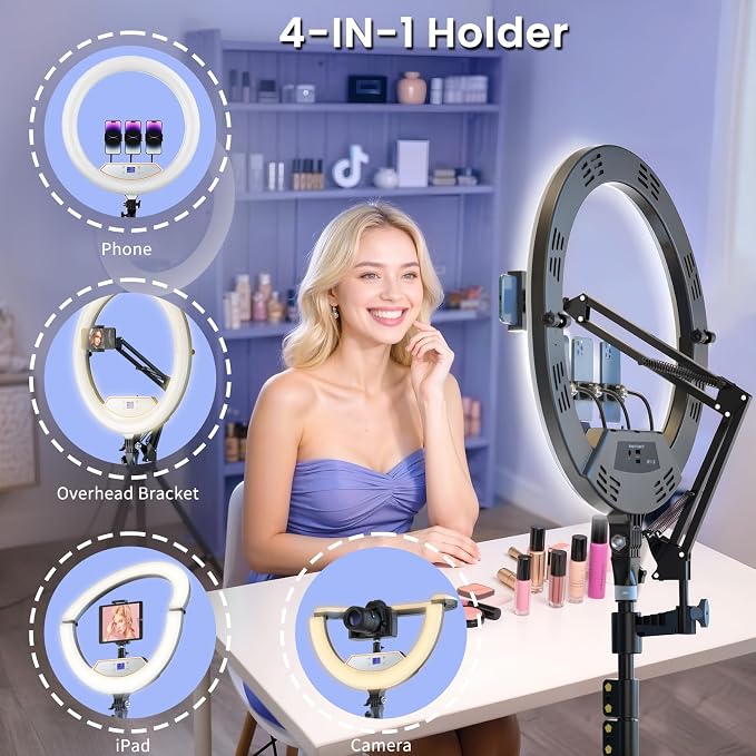 22" Foldable Large Ring Light with Stand for iPhone iPad,75" Tripod with Overhead Shooting Bracket 50W 6500K 4 Clips/LCD Display/2 USB PortsTattoo Barber Makeup Studio Video Photography Lighting