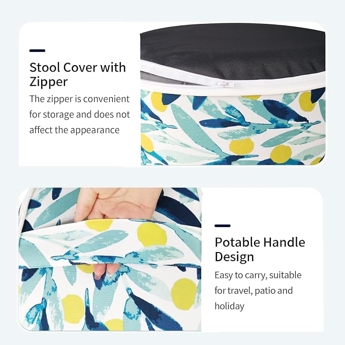 DYTXIII Inflatable Ottoman Stool D21 xH9 for Outdoor/Indoor Use, Water Repellent Patio Foot Rest Stool with Portable Handle,Round Pouf Ottoman Suitable for Garden,Deck and Camping - Leaves Multi