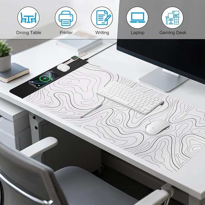 VOVIPO 3 in 1 Wireless Charging Mouse Pad, Desk Mat with Wireless Charger Multiple Devices Compitable with Watch/iPhone, White Topographic Large Desk Mat(90 x 40cm) for MacBook, PC, Laptop
