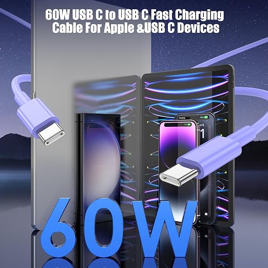 3-Pack Purple [3.3FT+6.6FT+10FT] 60W USB C to USB C Cable, Type C Fast Charging Cable for iPhone Air 17 16e 16 15 Pro Plus Pro Max，for Galaxy S25, for iPad Pro/Air/mini, for MacBook Pro/Air and More