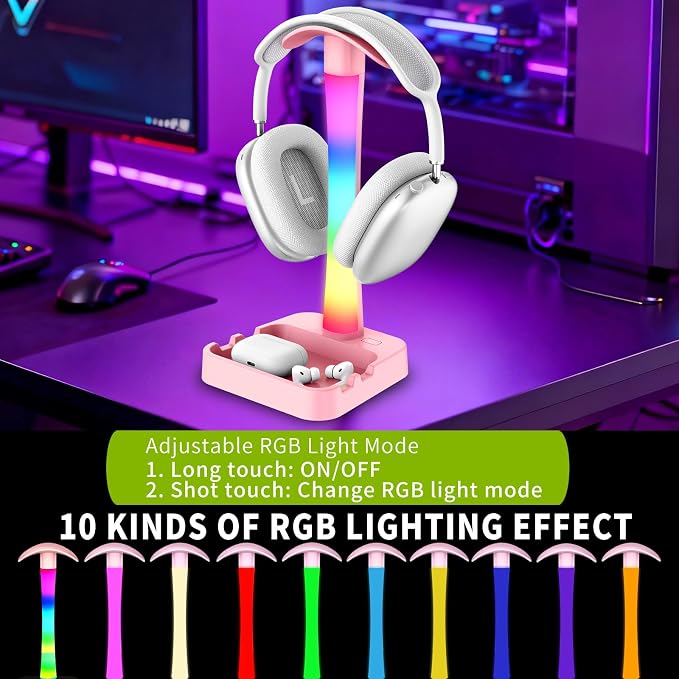 Headphone Stand with Charger,Gaming Headset stand with RGB Light Mode,For Airpod Max Stand,Desk Lamp,Phone Holder,Tablet Holder,desktop organizer,Gifts for Gamers & Music Lover (Pink)