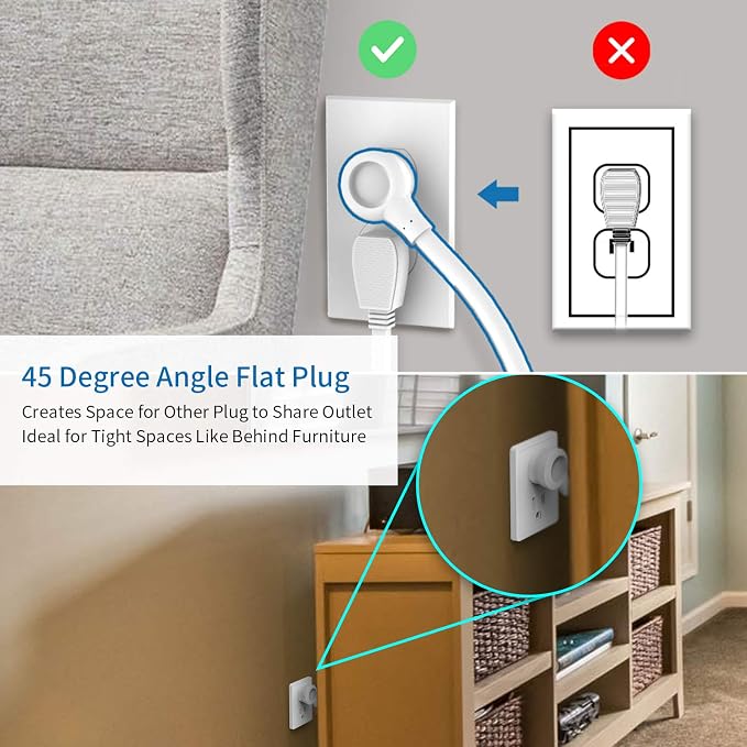 Extension Cord 15 ft, 6 Outlets Outlet, Heavy Duty Long Power Strip Flat Plug, 1875W Flat Plug, Widely Spaced Outlet, Wall Mount for TV Dorm Office Home Theater, White