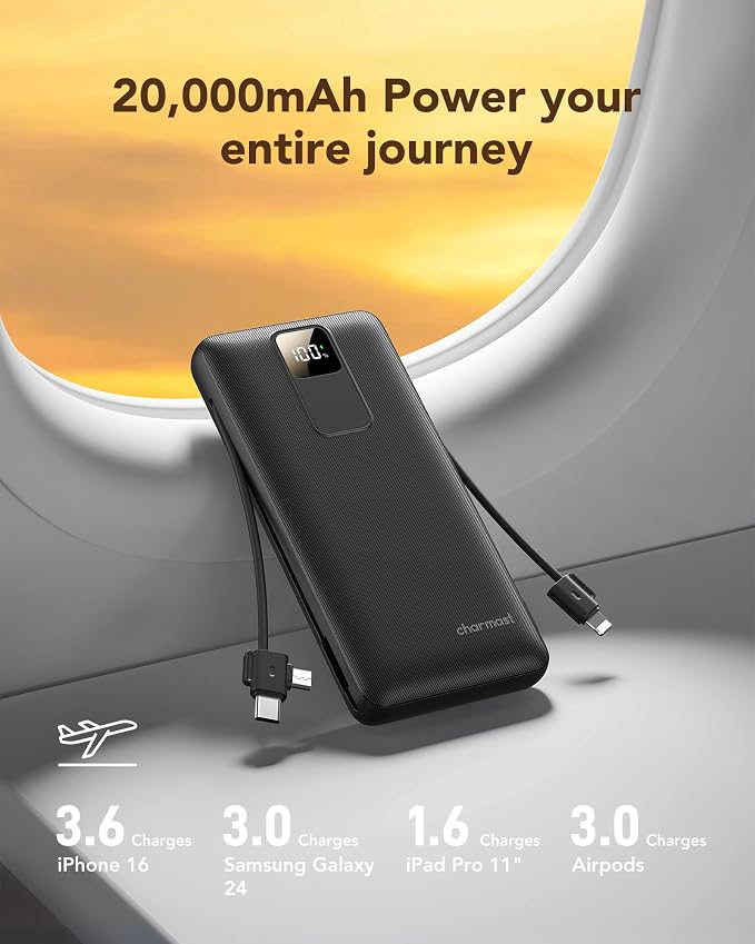 charmast Portable Charger with Built-in Wall Plug and Cables, 20000mAh Power Bank Travel Essentials, 20W Fast Charging Battery Pack Compatible with iPhone 17/16/15/14/13/12/11, Samsung, Android