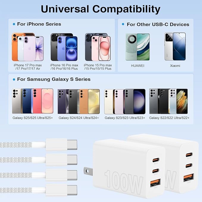 65W Super Fast Charging USB C for iPhone 17 16 Pro Max,3 Port 100W USB C Charger Block & 3/6/6/10FT Braided Type C Cord for iPhone 17 16 Pro,iPhone 15 Pro Max,for Samsung S26 Ultra/MacBook Air-Blue