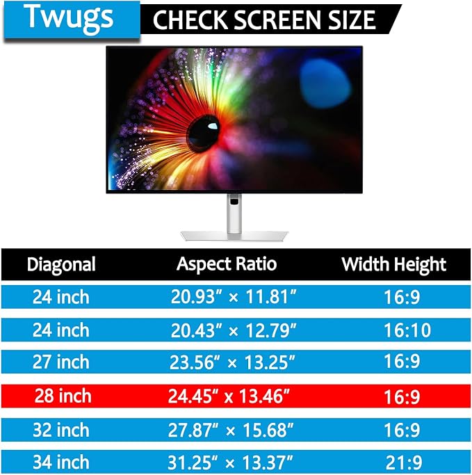 [1 Pack] 28 Inch Computer Privacy Screen for 16:9 Aspect Ratio Widescreen Monitor, Eye Protection Anti Glare Blue Light Filter Shield, Removable Anti-Scratch Anti Spy Protector