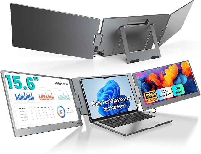 KYY Triple Laptop Screen Extender, 15.6" 1080P FHD IPS Dual Portable Extended Monitor, USB C Travel Display for 12-17'' Laptop, 210°Rotation & Kickstand, Plug and Play (Windows Only)