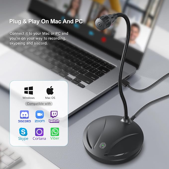 Instrument Microphone for Singing, Podcasting, Voice Video Recording, Plug & Play USB Desktop Microphone for PC with Mute Button & LED Indicator, Compatible with Windows/Mac