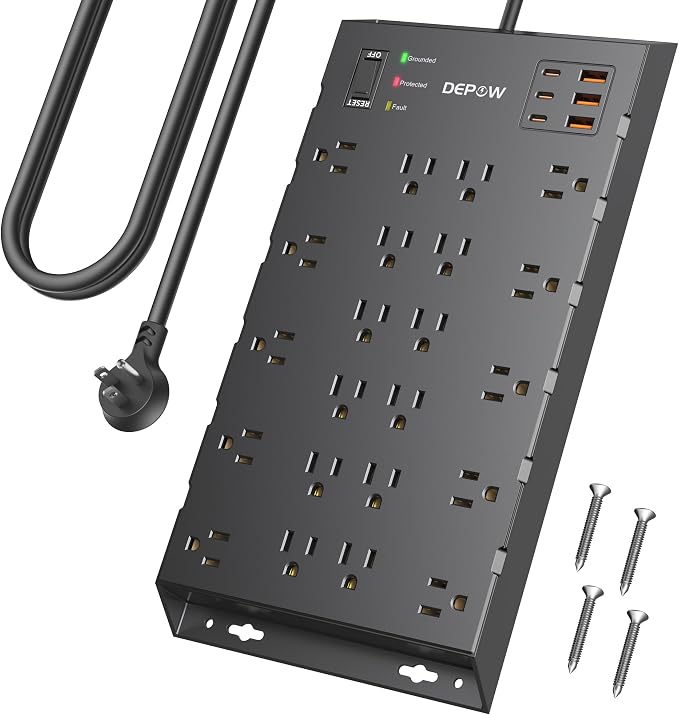 DEPOW Surge Protector Power Strip, 6.5FT Long Flat Plug Extension Cord with 22 AC Outlets (1875W/15A), 6USBs (3 USB-C Ports), 2100J Surge Protection, Wall Mountable for Gaming, Office, Home, Black