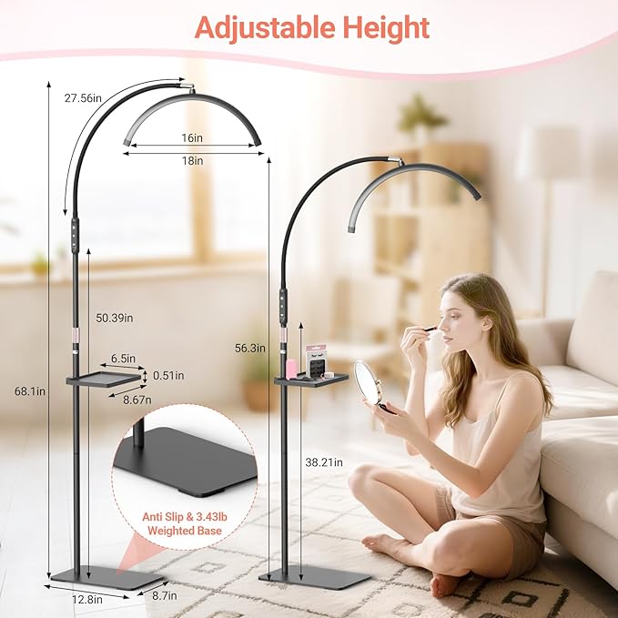 LIONVISON Half Moon Lash Light: 6500K LED Lamp Ring Light with Tray - 360° Flexible Gooseneck Durable Metal Stand - Salon Use for Lash Artists Eyelash Extensions (18In Black)