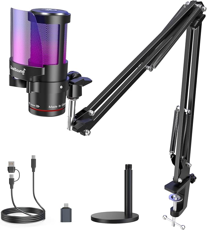 ZealSound Gaming USB Microphone for iPhone,Noise Cancellation Gaming mic with Touch Mute,Gain,Monitoring,USB Mic Boom Arm for Streaming,Podcast,Twitch,YouTube,Discord,iPad,PC,Computer,PS4,PS5,Mac