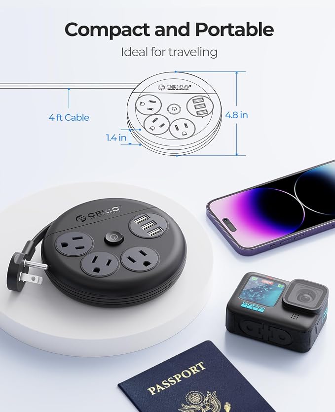 ORICO Travel Power Strip with USB Ports, 4 ft Flat Extension Cord 3 Outlets 3 USB Ports, Portable Flat Plug Outlet Extender for Travel, Cruise Approved - Black