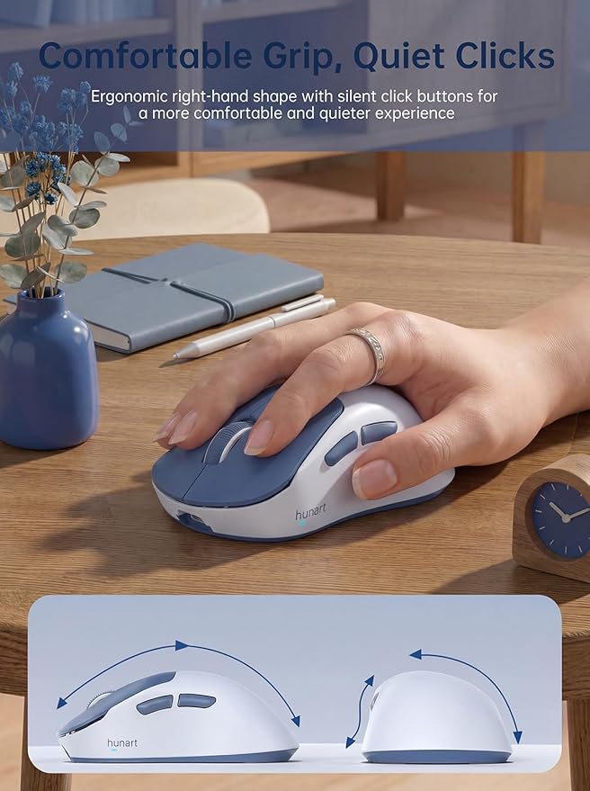 hunart H6 49g Wireless Mouse, Bluetooth & 2.4GHz Rechargeable Mouse, Lightweight Silent Ergonomic Mouse with USB-C Charging, Portable Right-Hand Mouse for Laptop, PC, MacBook, Office (Blue)