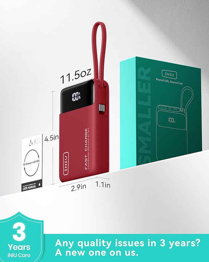 INIU 20000mAh Power Bank, Small 45W PD Fast Charging Portable Charger with Built-in USB C Cable, Flight-Safe Travel External Phone Battery Pack for iPhone 17 Pro Max Samsung S26 iPad etc, Red