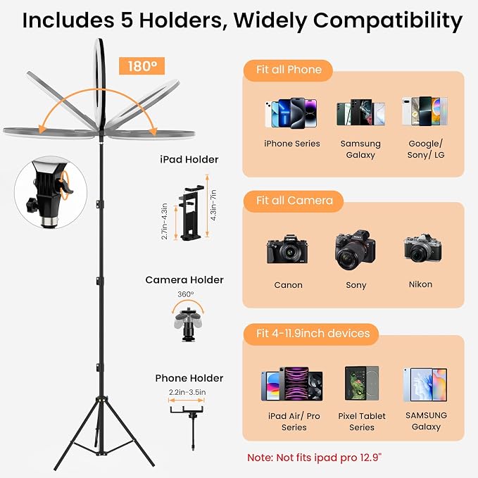 18" Foldable Ring Light with Stand for iPhone ipad, LED Display/2 USB Ports/4 Phone Tablet Holders, 2700-6500K Dimmable Ring Light for Tattoo Barber Makeup Studio Video Recording Photography