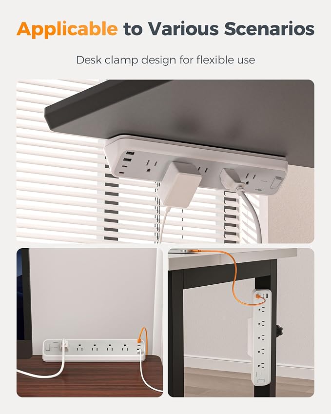 TESSAN Desk Clamp Power Strip 10 Ft, 2100J Surge Protector Desk Charging Station, 5 Outlets with 4 USB Ports (2 USB C), Flat Plug Extension Cord with Multiple Outlets for Home Office Dorm Room, Grey