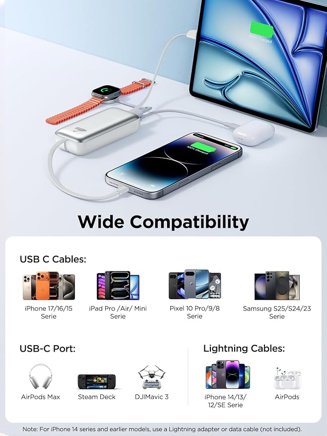 Portable Charger, Power Bank Fast Charging 10000mAh Battery Pack Charger Portable with Built in Cables Travel Essential Portable Power Bank for iPhone 17 16 15 14 13 Samsung Galaxy S24 S23(1Pack)