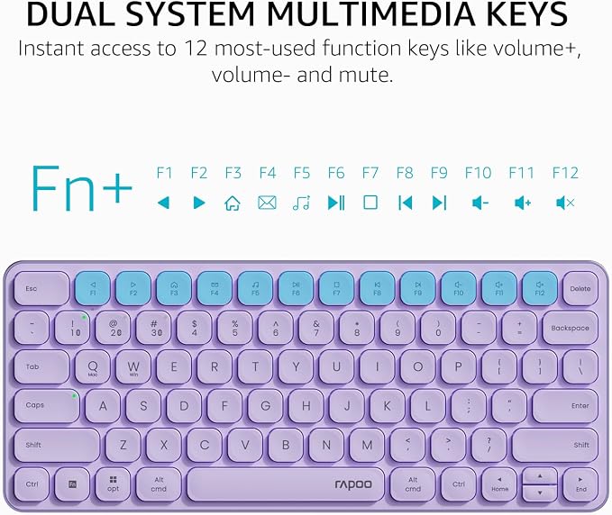 Rapoo Multi-Device Keyboard and Mouse Combo, 2.4GHz/Bluetooth 5.0/4.0 Wireless Keyboard & Mouse Set for Windows/Mac/Linux/Chrome, Support 4 Devices, Low-Profile Silent Click, Battery Powered, Purple