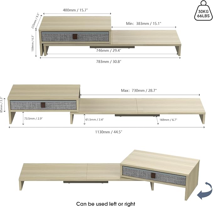 Fenge Computer Monitor Riser Stand with Drawer for 2 or 3 Monitors ,Adjustable Length and Angle Desktop Laptop Stand,Office Organizer,Printer,Oak