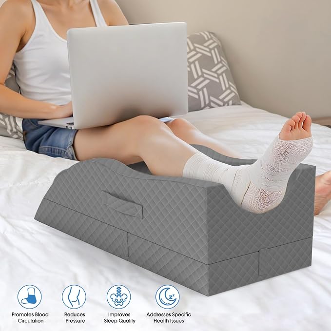 TranquilRelax Elevation Pillows for Leg After Surgery, Memory Foam Adjustable Wedge Pillow for Injury or Rest, Ankle Pillow for Sleeping Blood Circulation Full Grey/Single Leg