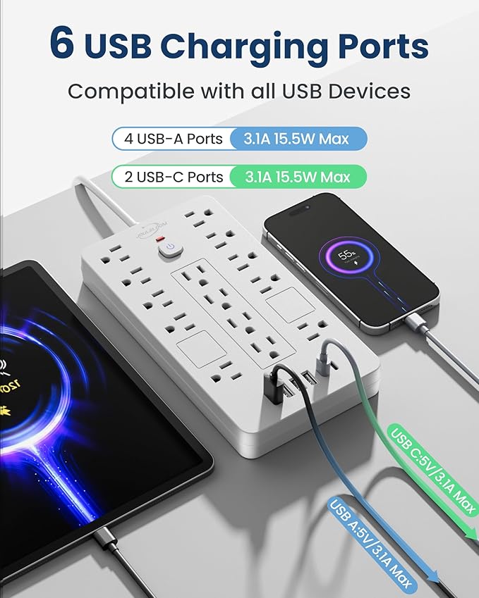 JouleLoom 2 Pack Surge Protector Power Strip-14 Outlets and 6 USB Ports, 6 Feet Flat Plug Extension Cord, 1850 Joules, White, ETL Listed for Home, Office, Dorm Room