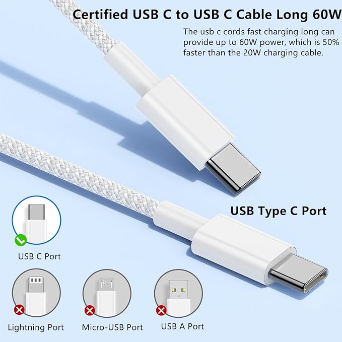 USB C to C Charger Cable 10ft, 60W Type C to C Fast Charging Cable Cord Long for Apple iPhone 17 Pro Max/17 Air/16 Pro Max/16 Pro/15 Plus/15 Pro Max/MacBook 2021/2020/2019,iPad Pro/Mini/Samsung Galaxy