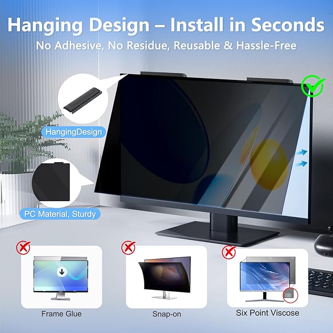 [2-Pack] 24 Inch Privacy Screen for Computer Monitor Privacy Screen Hanging Removable 16:9 Aspect Ratio, Anti Spy Anti Glare Blue Light, No Adhesive Easy Install 24in Computer Screen Privacy Shield