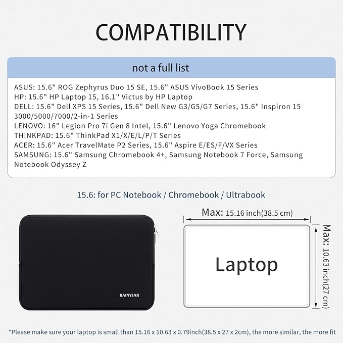 RAINYEAR 15.6 Inch Laptop Sleeve Case Compatible with 15.6 Inch Computer Chromebook PC Notebook Ultrabook, Protective Soft Padded Lightweight Laptop Carrying Bag Cover, Black