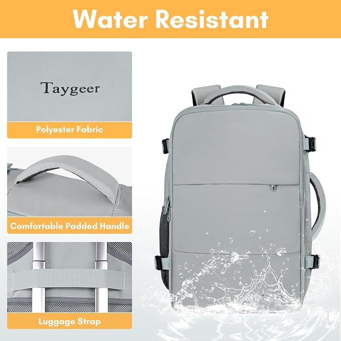 Taygeer Carry On Backpack for Men Women, Travel Backpack with Water Bottle Pocket & Shoe Pouch, Laptop Mochila 17.3inch Flight Approved, College Teacher Tote Bag for Business Travel, Grey
