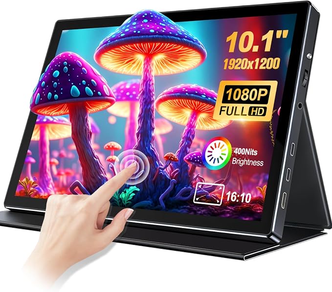 10.1 Portable Touchscreen Monitor - 1920×1200 FHD IPS 16:10,100% sRGB 1500:1,10-Point Touch Diaplay with Speaker HDMI USB-C VESA Magnetic Case for Travel Mac PC Xbox PS4/5 Loptop Phone(black dark)