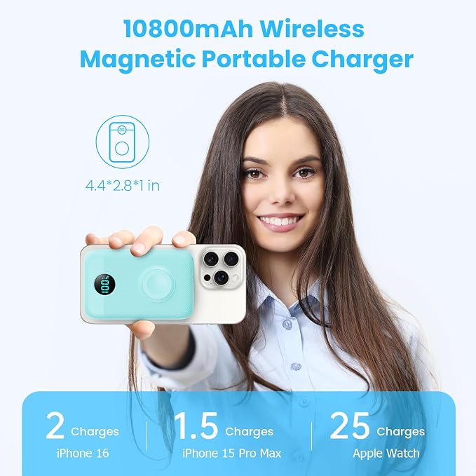 Magnetic Portable Charger 10800mAh,4-in-1 Wireless Power Bank with iWatch Charger, QC4.0+20W PD Fast Charging USB C Battery Pack with LCD Display for Magsafe,iPhone 17/16/15/14/13/12 Series,Green