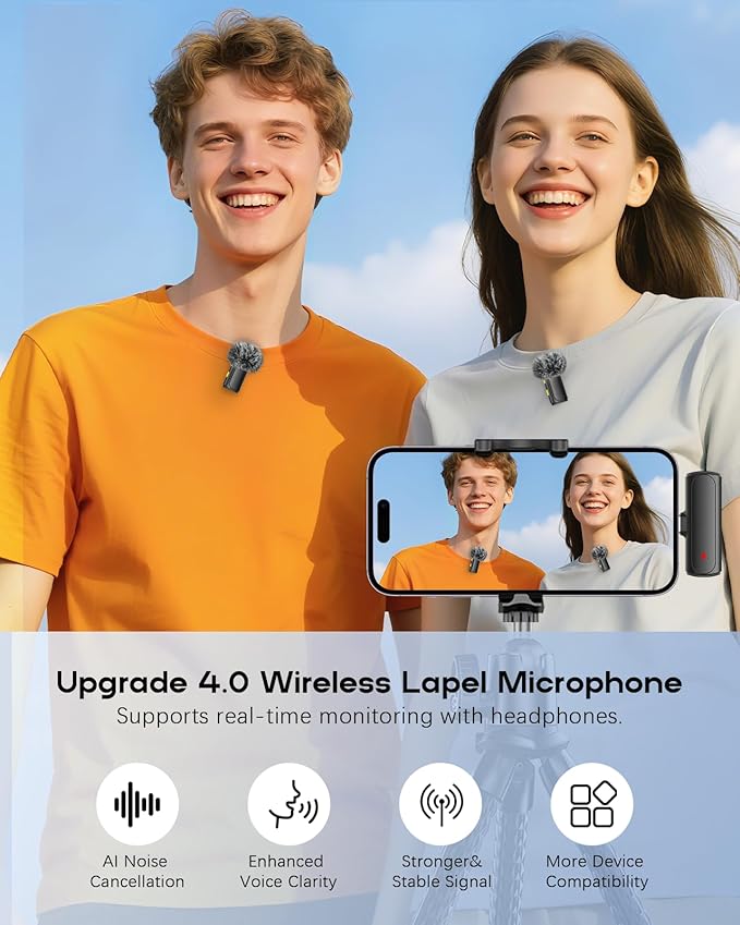 Wireless Mini Microphone for iPhone - 2 Pack Lavalier Microphone for Video Recording, 2 in 1 Noise Reduction Lapel Mic for Android, Clip on Mini Mic for Content Creators (with Charging Case)