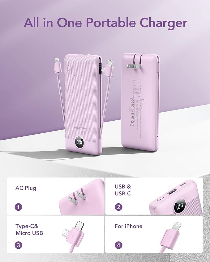 VEGER Portable Charger Power Bank with Built-in AC Plug and Cables, All in One 10000mAh Ultra Slim Travel Essentials, Fast Charging Battery Pack Compatible with iPhone, Samsung, Android, Purple