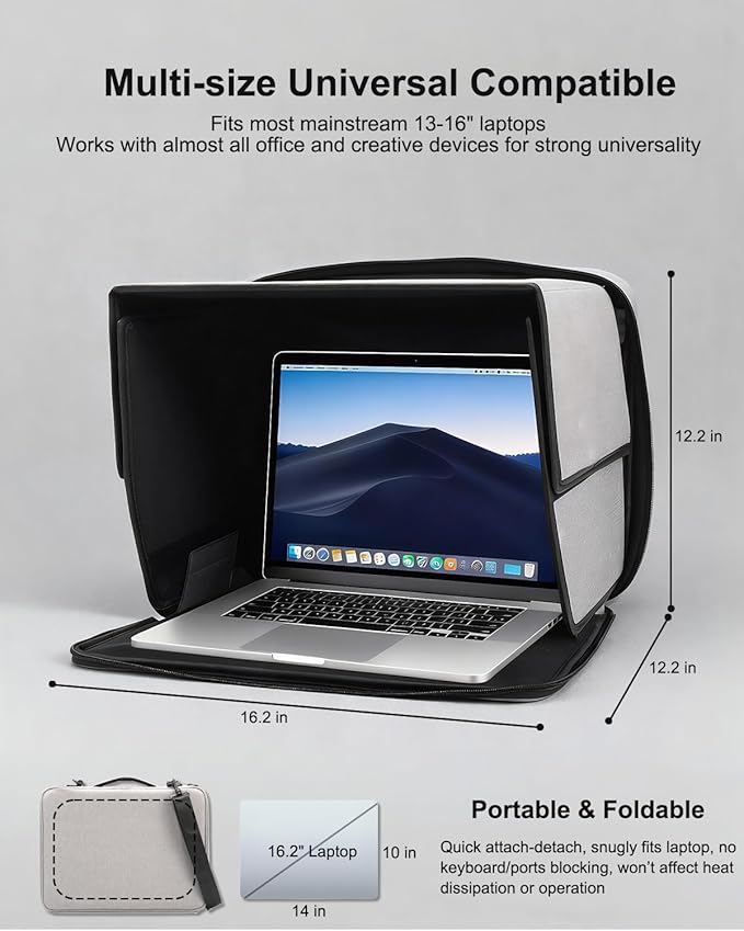 Laptop Sun Shade for Working Outdoor - Computer Sunshade Bag Fits 13-16 inch Laptops PC Glare Shield Privacy Hood Case for Work Outside Travel