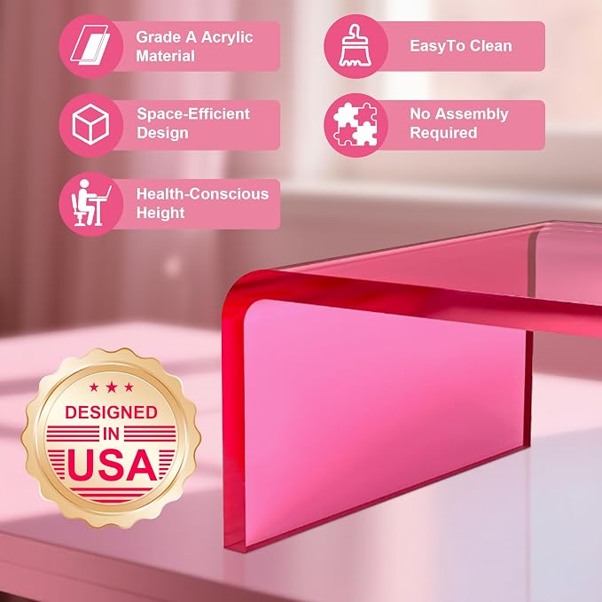 Acrylic Monitor Stand Riser Acrylic Laptop Stand for Desk Clear Computer Monitor Stand for Desk Accessories iMac Organizer Office Must-Haves Product for Office Home Bright Pink