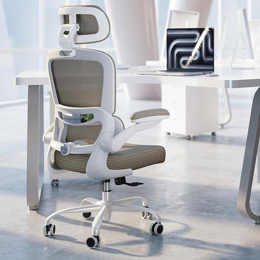 TRALT Ergonomic Office Chair - Desk Chair with Adjustable Headrest Lumbar Support Computer Chair - Mesh Comfy Chair with Flip-up Armrests - Gaming Chairs for Adults Home Office (PU Leather,Khaki)