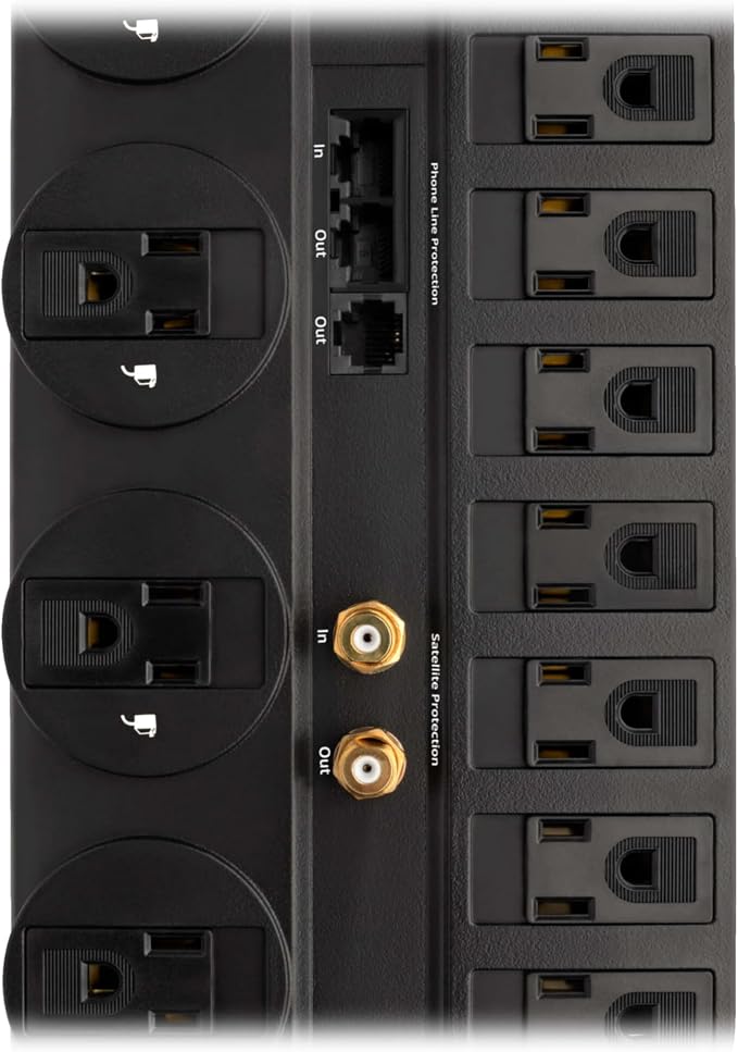 Eaton Tripp Lite TLP1208SAT Home Theater Surge Protector Power Strip, 12 Outlets, Flat Plug 8ft Extension Cord, 2880 Joules Coax, RJ11 and RJ45 Port for Phone, TV, WiFi Router, & Ethernet Protection