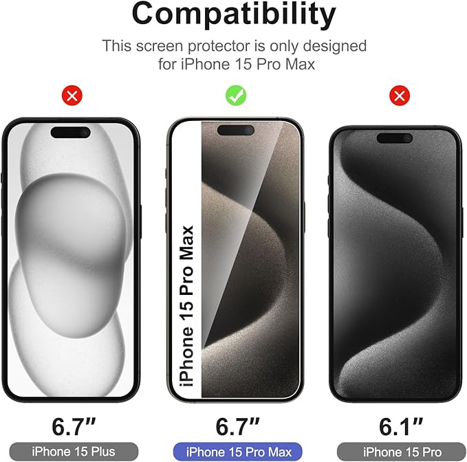 NEW'C 3x for iPhone 15 Pro Max Screen Protector (6.7 inches)+ 3x Camera Lens Protector, Sensor Protection, Case Friendly Tempered Glass Film + Dust Plug- Easy installation tool include