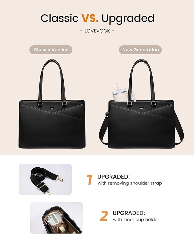 LOVEVOOK Laptop Tote Bag for Women 15.6 Inch Leather Work Bags with Large Cup Holder for Teacher Work Business,Black