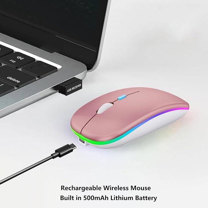 WREANU Wireless Bluetooth Mouse Rechargeable Laptop Mice with LED Lights Silent Slim Use(BT5.2 & 2.4G Portable USB) Dual Mode Computer Mouse for Laptop/iPad/Tablet/Apple/Computer/Mac(Rose Gold)