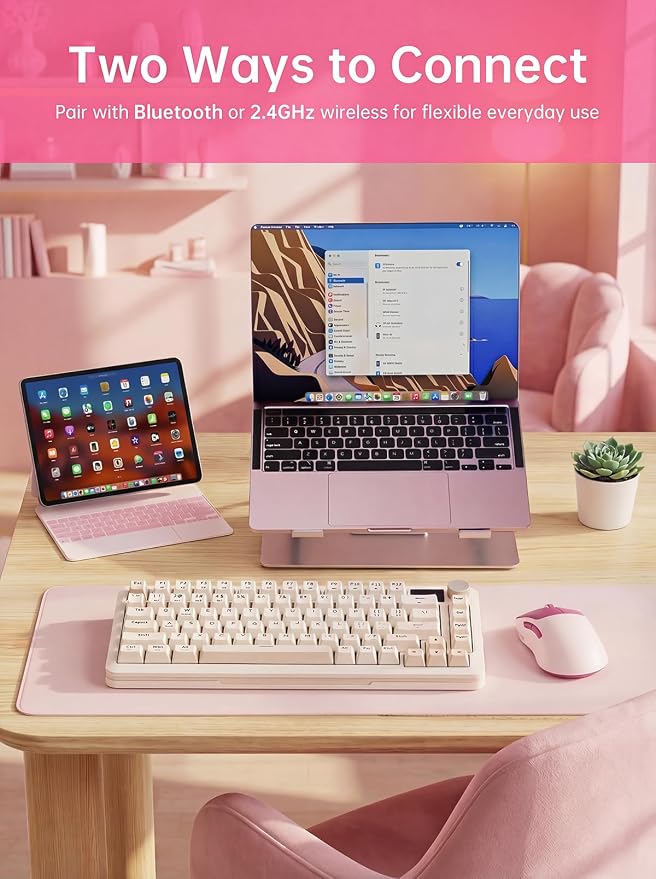 hunart H6 49g Wireless Mouse, Bluetooth & 2.4GHz Rechargeable Mouse, Lightweight Silent Ergonomic Mouse with USB-C Charging, Portable Right-Hand Office Mouse for Laptop, PC, MacBook(Berry Pink)