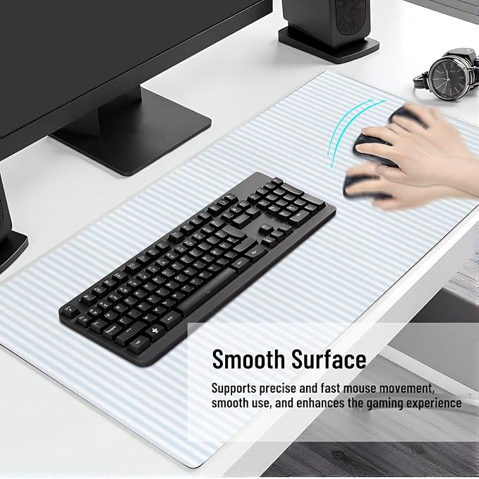 Large Mouse Pad Leather Non-Slip Waterproof Gaming Mouse Pad for Office Laptop Home Blue White Vertical Stripes Desk Protector Mat 31.5"x13.7" Writing Pad