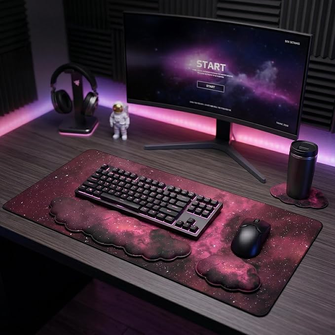 Cloud Mouse Pad Keyboard Wrist Rest 4PCS Extended Large Galaxy Desk Mat Pad Set Memory Foam Non-Slip Cute Ergonomic Gaming Mouse Pad Wrist Support for Computer Laptop Home Office Black Pink