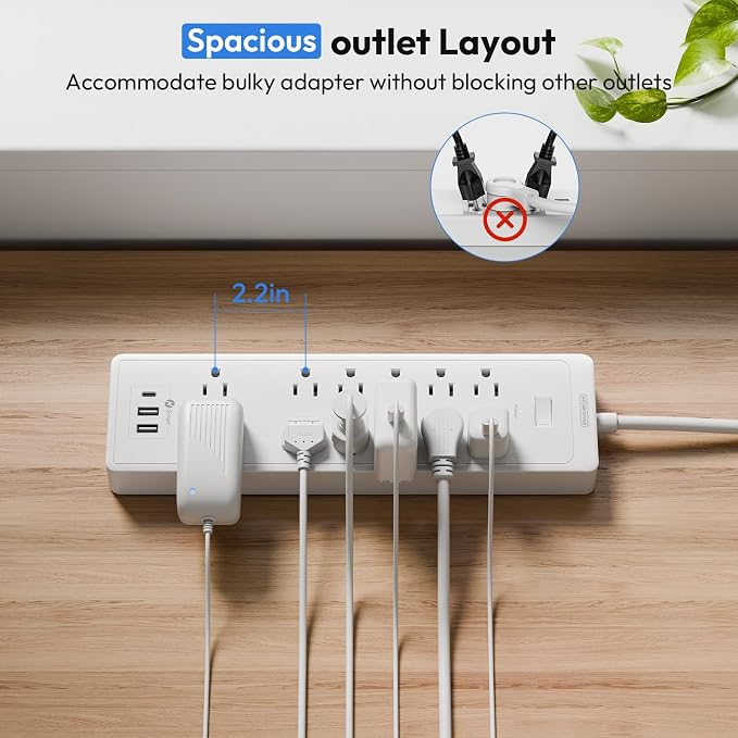 15 ft Extension Cord Flat Plug Power Strip, NTONPOWER 2100 Joules with 12 Outlet 3 USB Port, 1875W/15A, Overload Protection, Long Cord Wall Mountable for Home Office Accessories, White