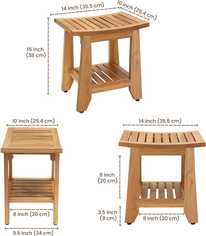 Teak Shower Bench Stool, 14'' Compact Waterproof Wooden Sauna Bath Bench with Storage Shelf, Non-Slip Solid Teak Shower Seat Chair for Small Bathrooms Inside Shower and Outdoor Use