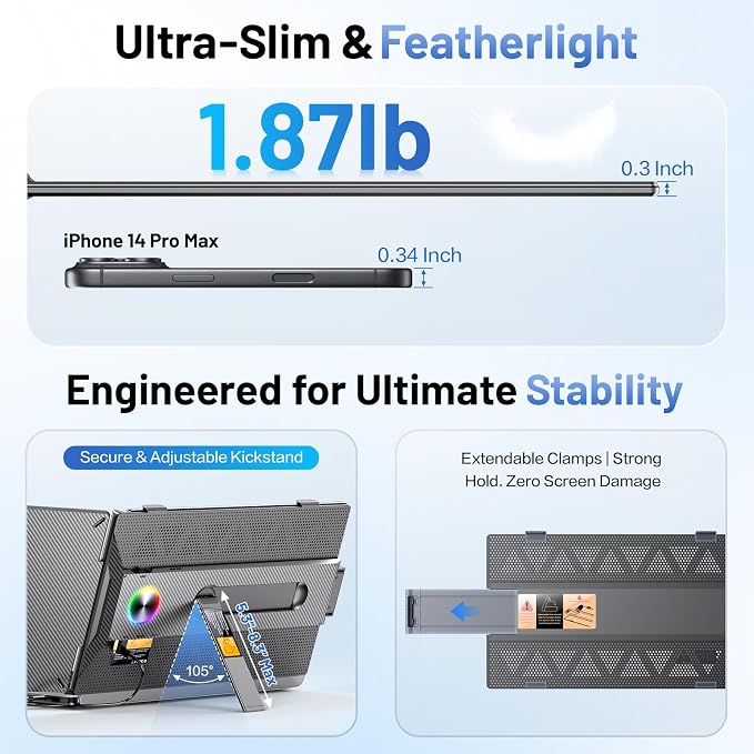 Laptop Screen Extender, 14” FHD 1080P Portable Monitor for Laptop with 100% sRGB, Dual Screen Extender for Laptop 13–17.3”, Plug & Play External Monitor, Business Travel & Home Office