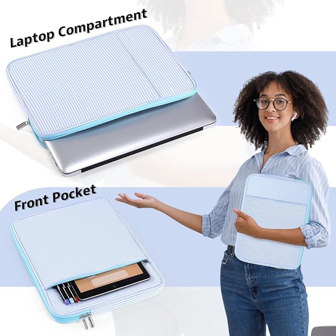 Huhumy Laptop Sleeve Case 13-13.3 inch for Women, Cute Seersucker Laptop Sleeve with Pocket Thin Computer Carrying Bag for Office Business Trip Compatible with Various Laptops Models(Blue)