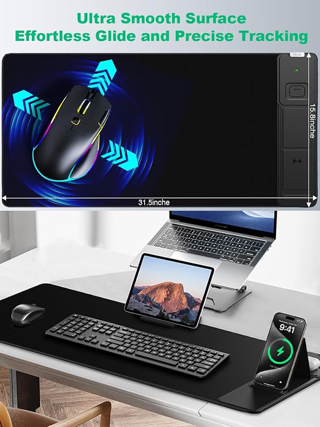 Mouse Pad with Foldable Phone Holder, Wireless Charging Desk Mat 31.5x15.75 Mousepad with Superior Micro-Weave Cloth Non-Slip Waterproof Desk Pad (Black with PD Adapter-Right Charging)