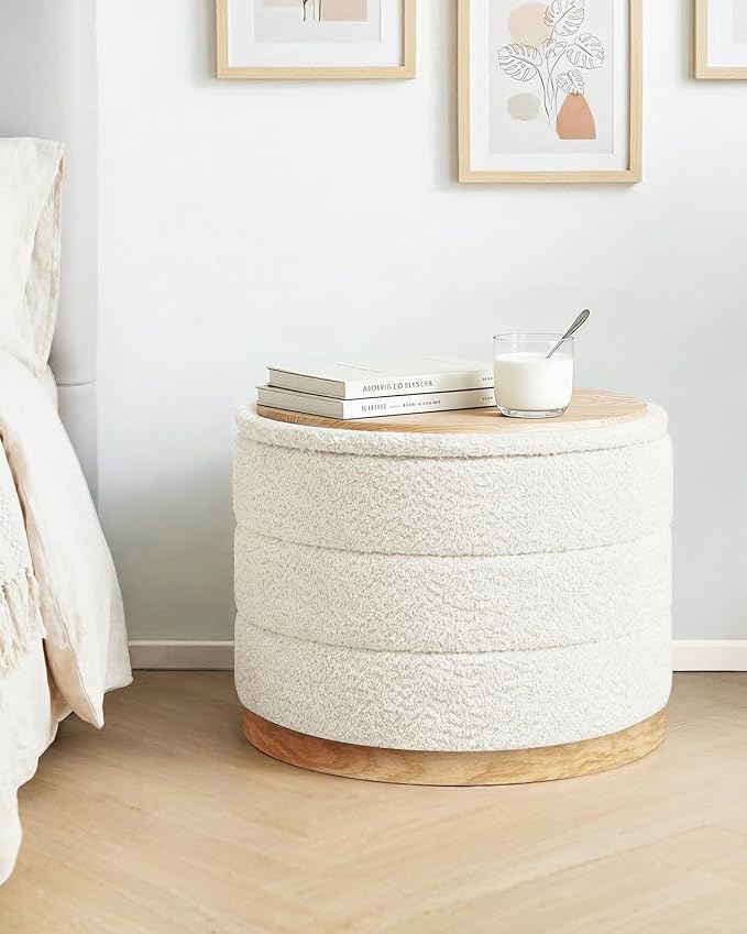B FSOBEIIALEO Round Storage Ottoman with Tray, Folding Ottoman with Storage Coffee Table Foot Rest for Dorm Room Living Room Chenille Fabric,White,22.83"x22.83"x17.32"