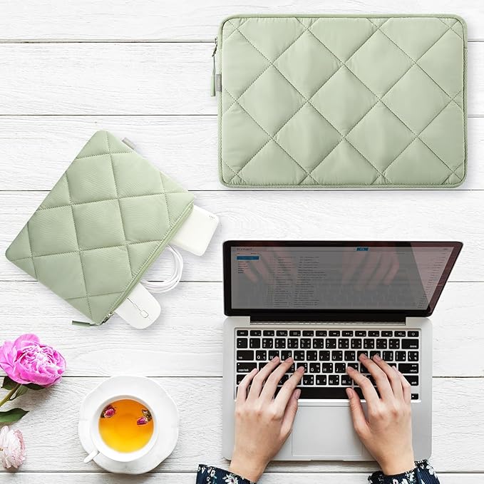 LANDICI Puffy Laptop Sleeve Carrying Case 14 15 Inch Compatible with MacBook Pro 14/15, MacBook Air M2 15, Surface Laptop 4/5, Chromebook 14, Cute Computer Cover Bag with Accessories Pouch, Green