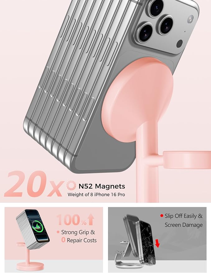 Aeinidi 2026 3 in 1 Wireless Charging Station Compatible with MagSafe, 15W Fast Magnetic Mag-Safe Charger Stand for Apple iPhone 17 16 15 14 13 12 iWatch AirPods Pro 4 3 2, Pink